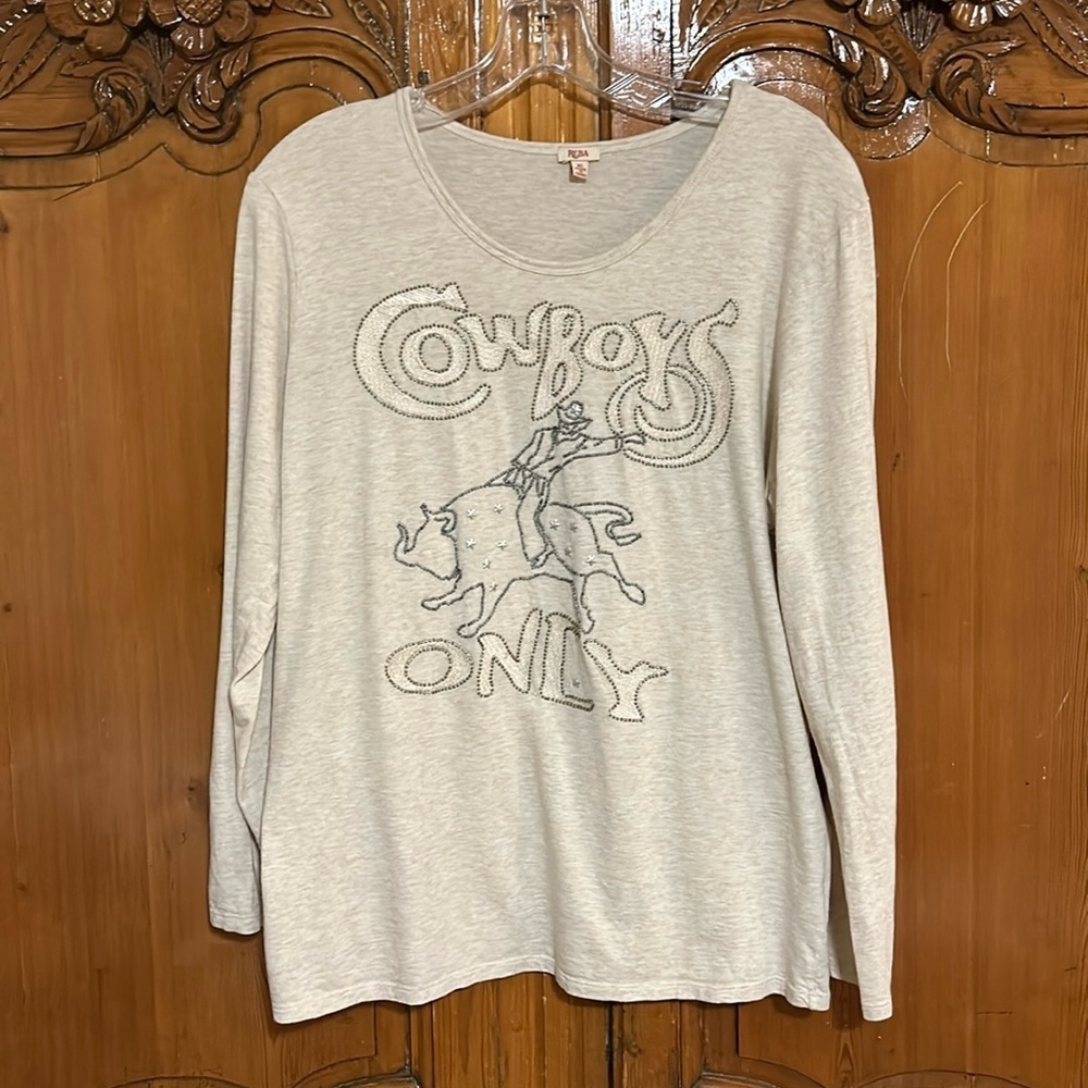Reba Bling Rodeo Themed Tee Shirt with Beaded “Cowboys Only” Detail